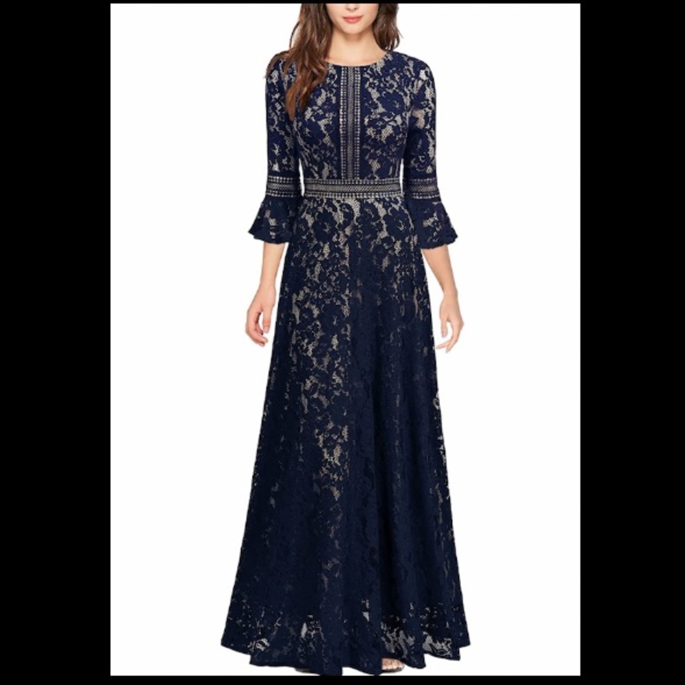 Women's Vintage Full Lace Contrast Bell Sleeve Formal Long Dress